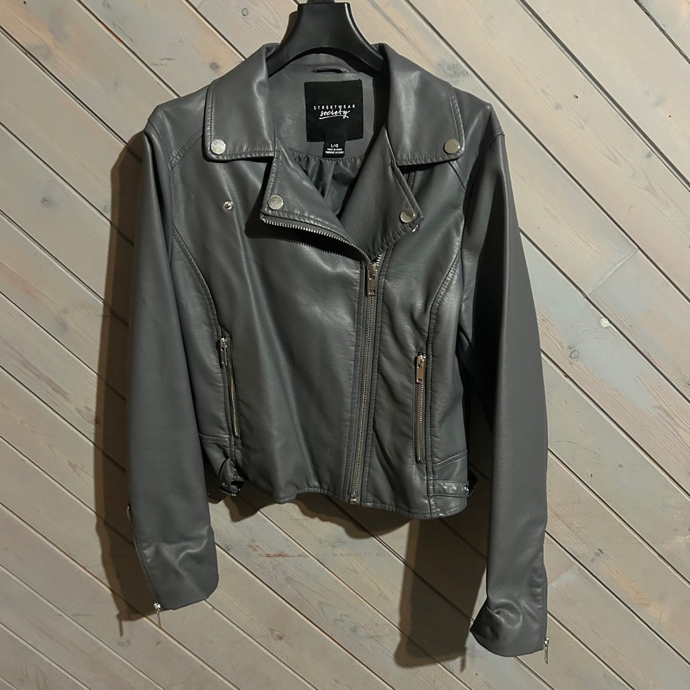Streetwear Society Gray Faux Leather Moto Biker Jacket Women's Large L